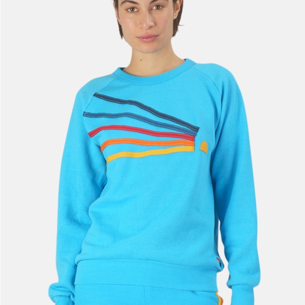 Aviator Nation Turquoise Crewneck with Multicolor Stripe Wave